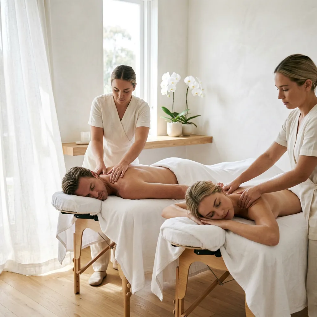 Two therapists working at the same time on two clients lying on side-by-side massage tables in a bright room