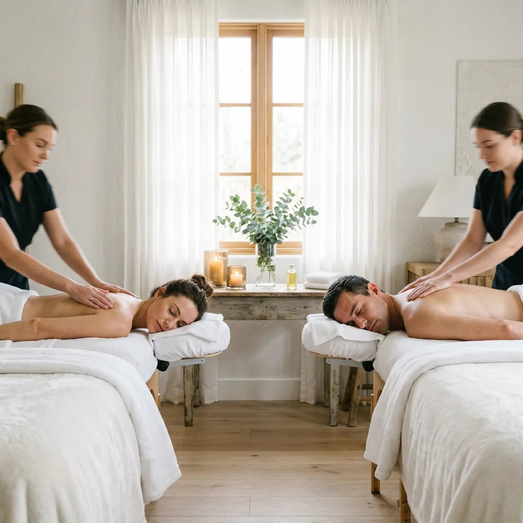 Two therapists working the shoulders of two clients lying on side-by-side massage tables beside a sunlit window