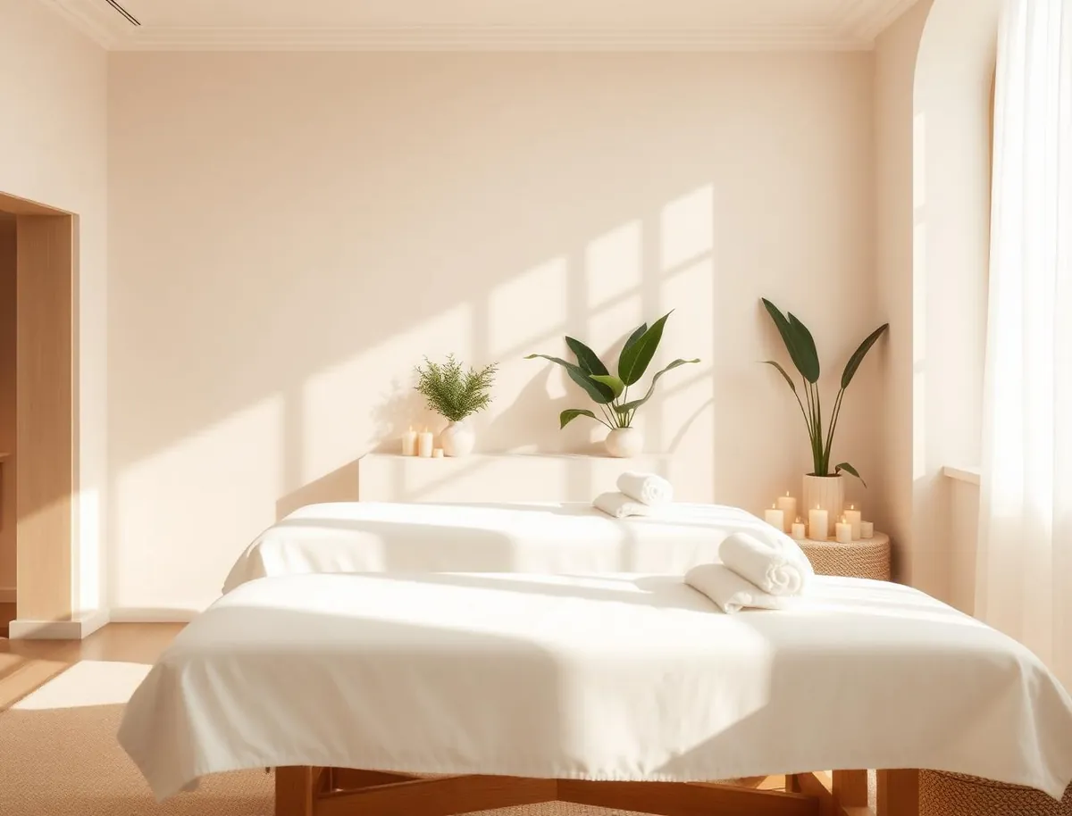 Two made-up massage tables with neatly folded linens standing in an empty sunlit room with potted plants along the wall