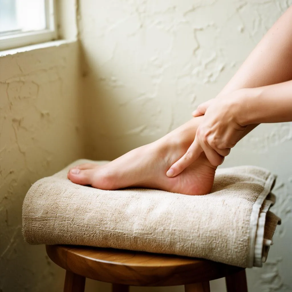 Thumb pressure along the arch of a bare foot resting on a rolled towel over a wooden stool