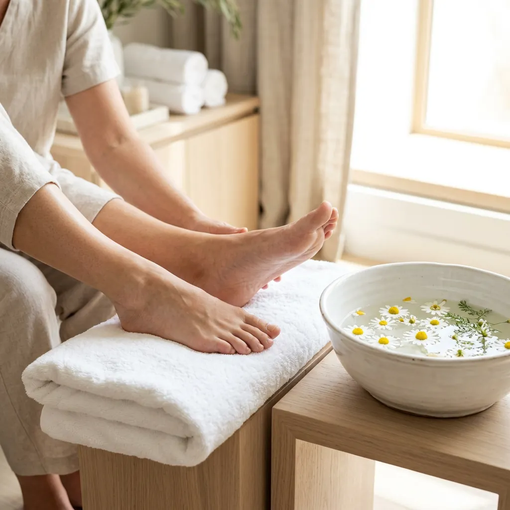Bare feet resting on a folded white towel over a wooden bench, the seated person still in loose linen clothing