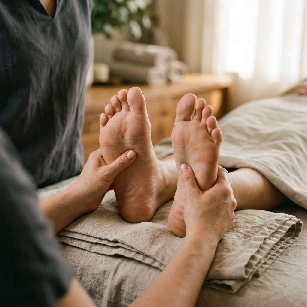 A therapist's hands working the soles of both bare feet, a folded linen sheet covering the legs behind them