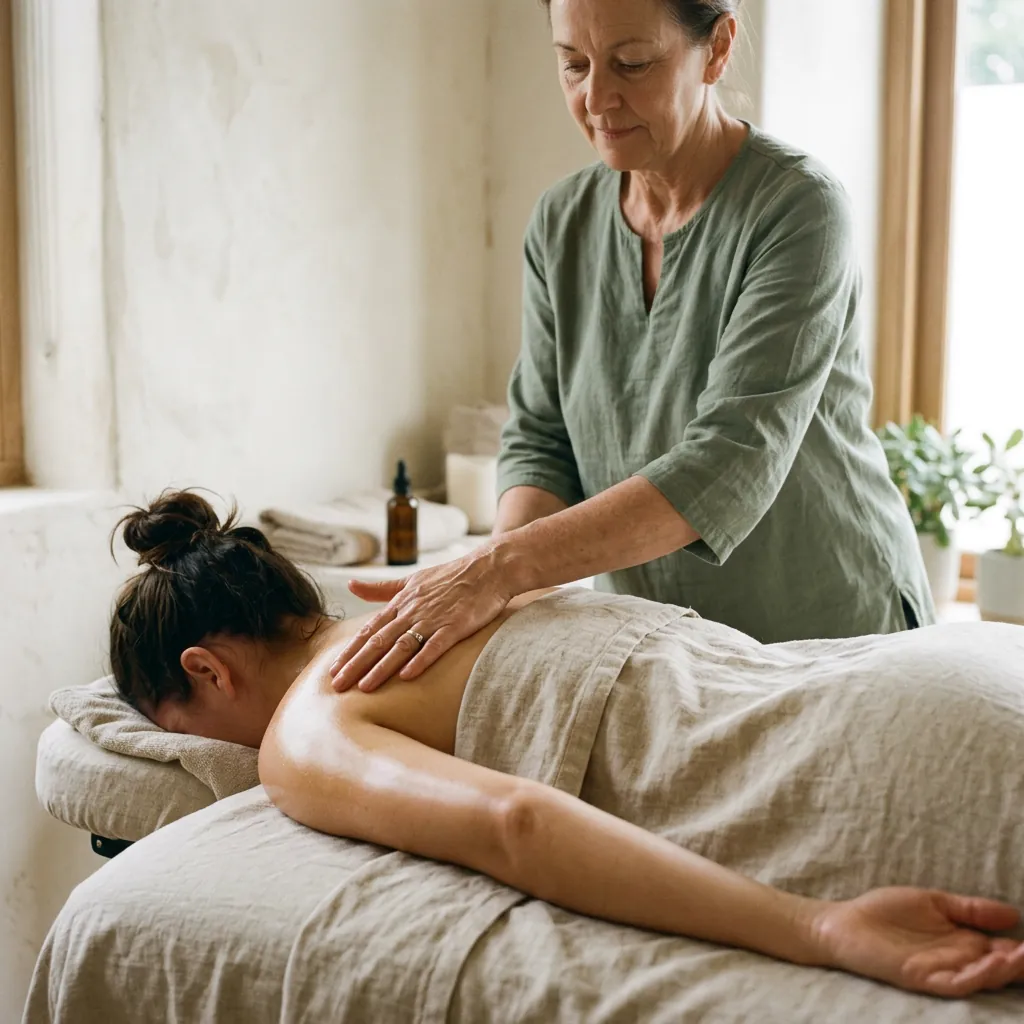 A therapist pressing along a client's back with both palms, the client draped in linen with plants behind the table
