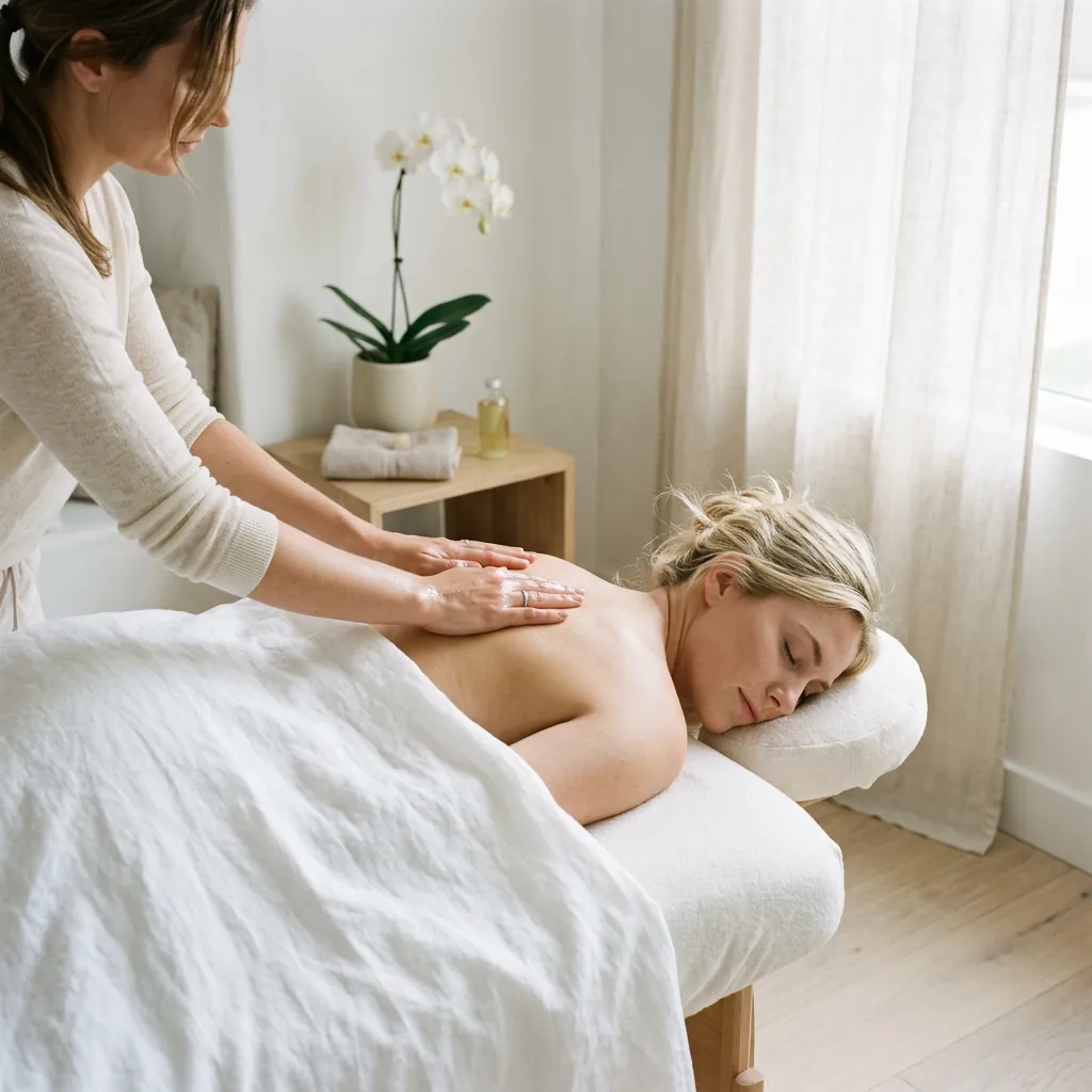 A therapist's flat palms working across a client's upper back, with a white orchid on a shelf and sunlight coming through the window