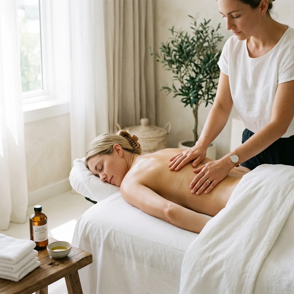 A therapist working with steady pressure along a client's lower back, an olive tree in a pot and a low bench holding an oil bottle beside the table