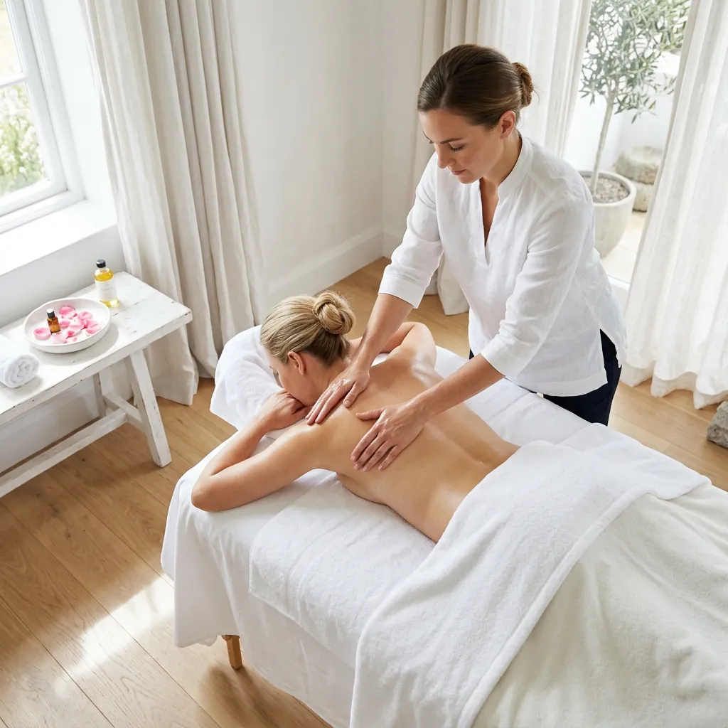 A therapist working across a client's shoulder blades on a massage table in a bright room, with a small tray of flowers on the side table