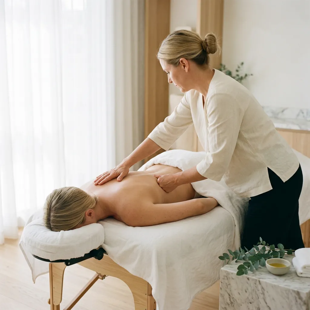 A therapist pressing along a draped client's back on a massage table beside a curtained window
