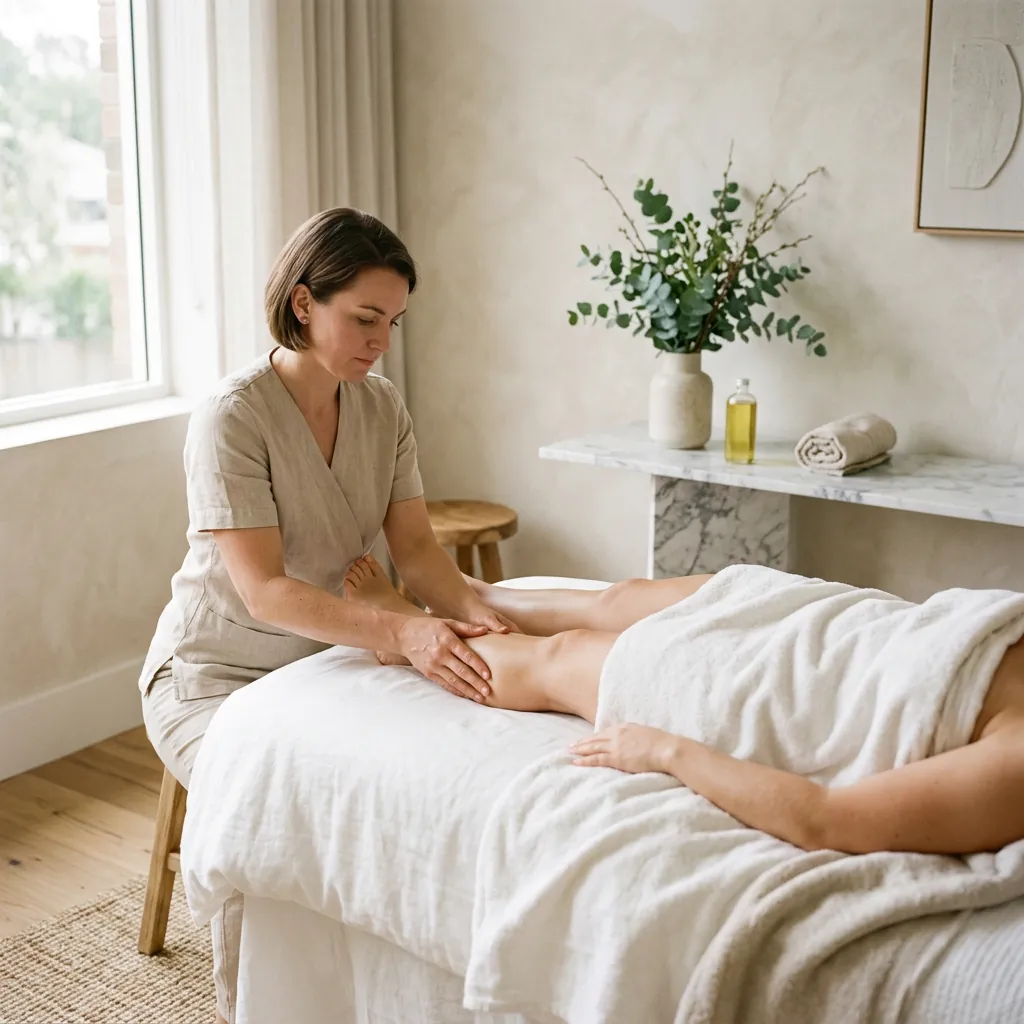 A therapist working with both hands along a client's calf and lower leg, with a marble console holding eucalyptus stems standing behind the table