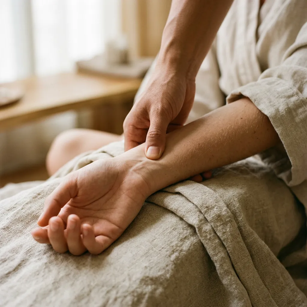 Thumb pressure worked along the inside of a forearm and wrist, both of the client's hands resting open on a linen sheet
