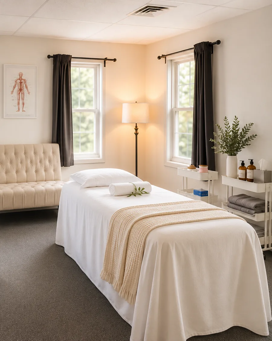 A quiet one-on-one massage room: a table made up with fresh white linens and a folded towel, a tufted bench, a warm floor lamp and a supply cart by the window