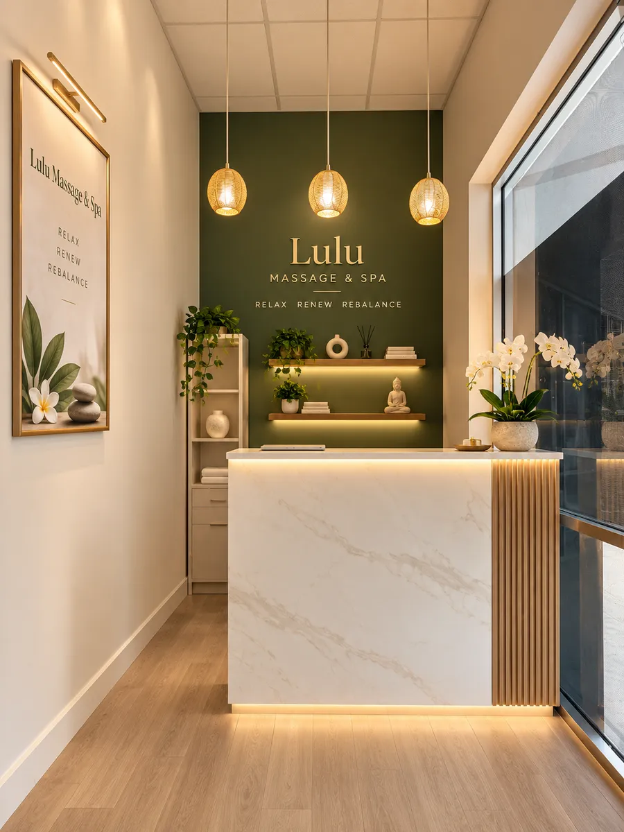 The front desk at Lulu Massage & Spa in Cypress: a white marble reception counter lit from below, three woven rattan pendant lamps, and an olive green wall carrying the studio name in gold above shelves of folded towels and greenery