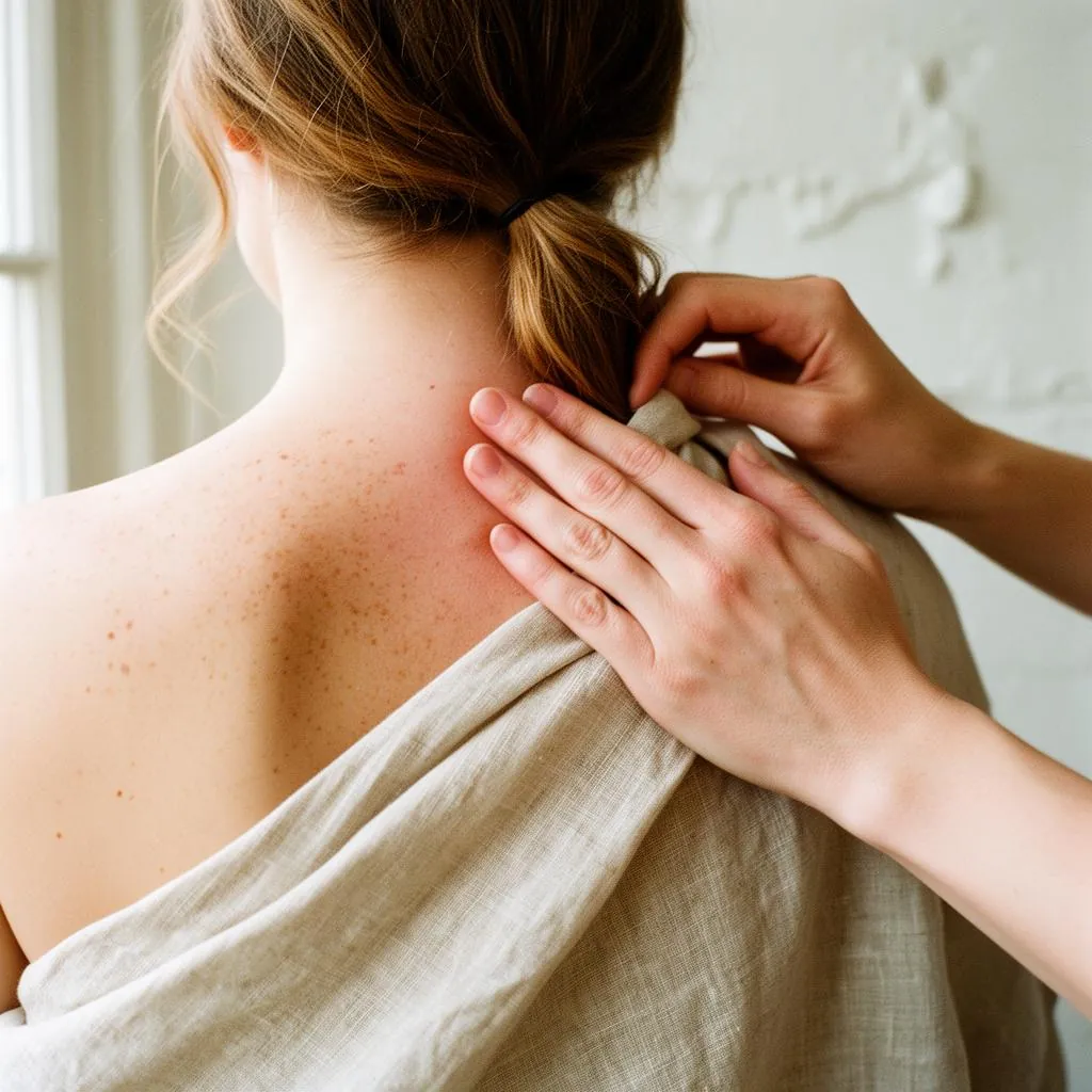 Close-up of two hands cupping a client's neck and shoulder, hair tied up, a linen drape across the back