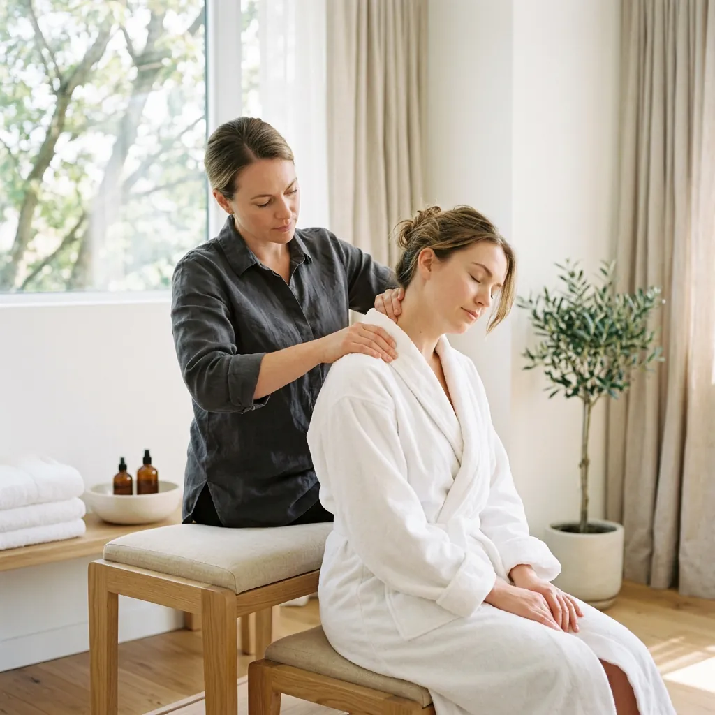A therapist working the shoulders of a seated client wearing a robe on a bench beside a bright window