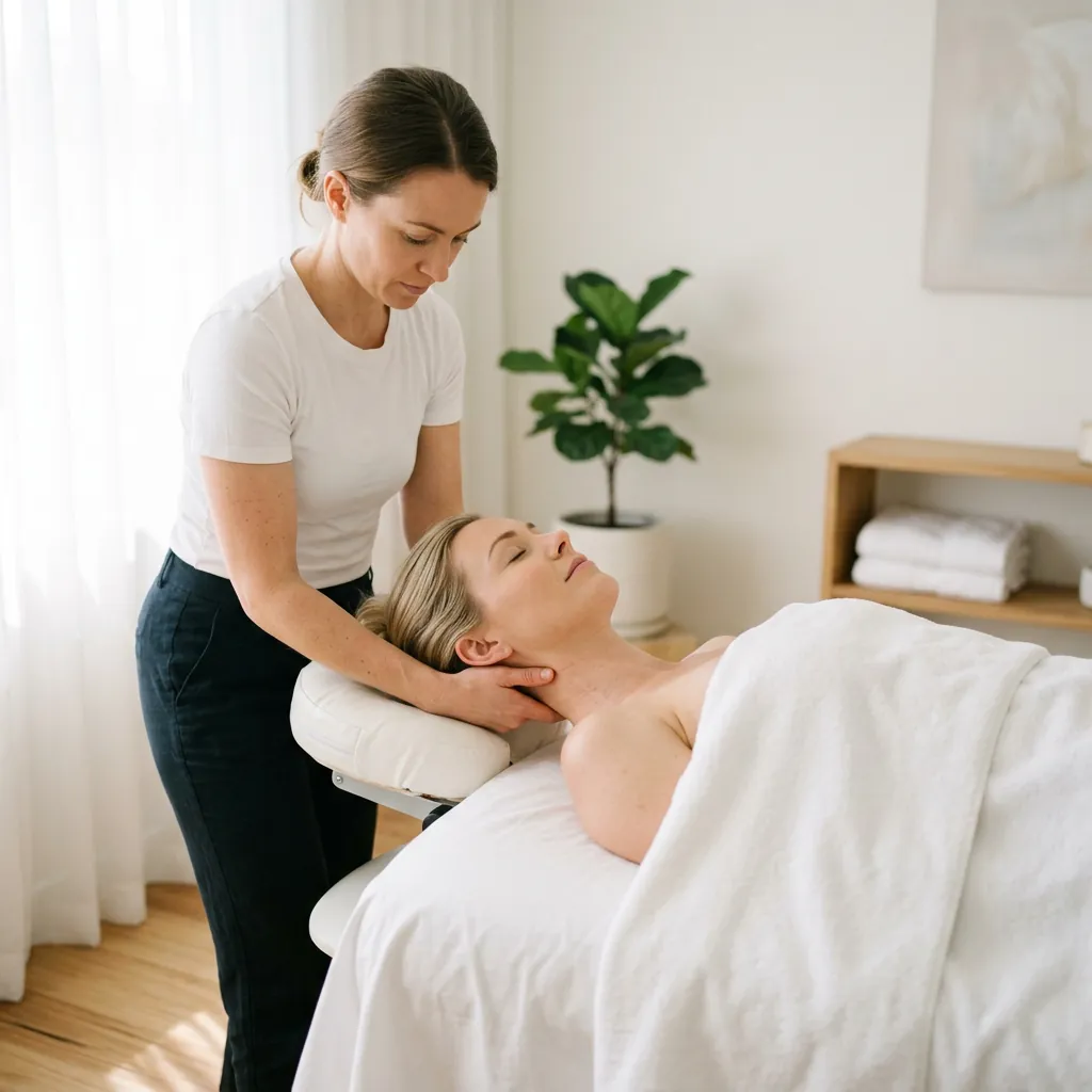 A therapist cradling a client's head and neck with both hands while the client lies face-up under a white sheet