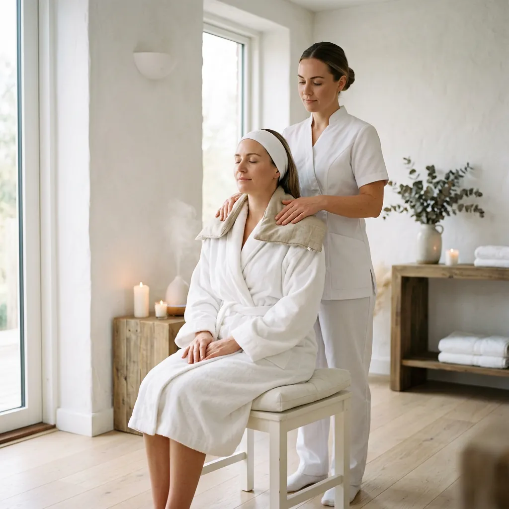 A client seated upright while a therapist works across the tops of the shoulders, with lit candles on a shelf in a bright room