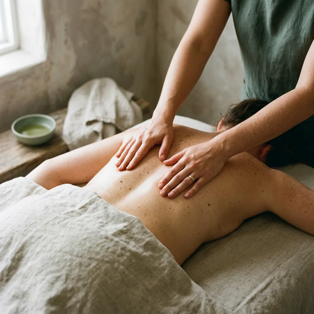 Two hands pressing with overlapping palms along a client's mid-back, a small green bowl resting on the table behind