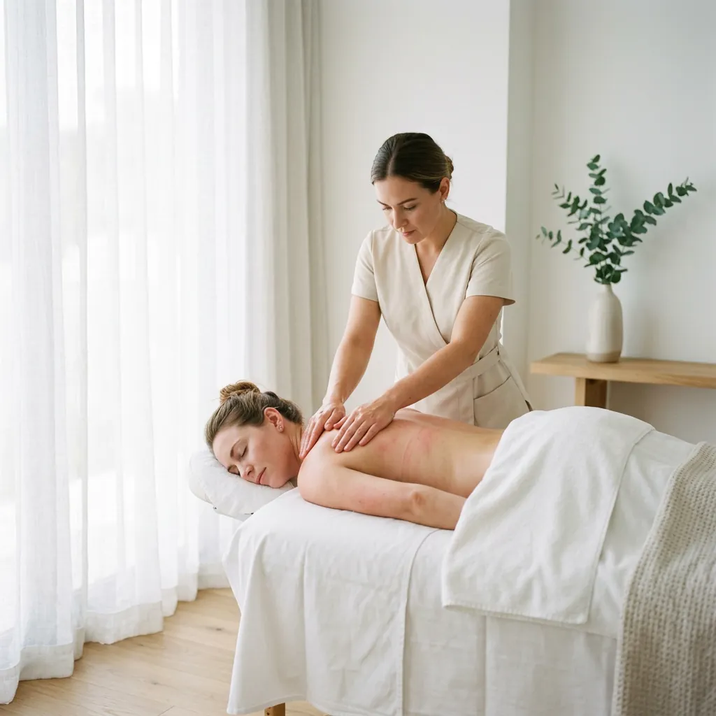 A therapist using slow thumb pressure along a client's spine with sheer white curtains behind