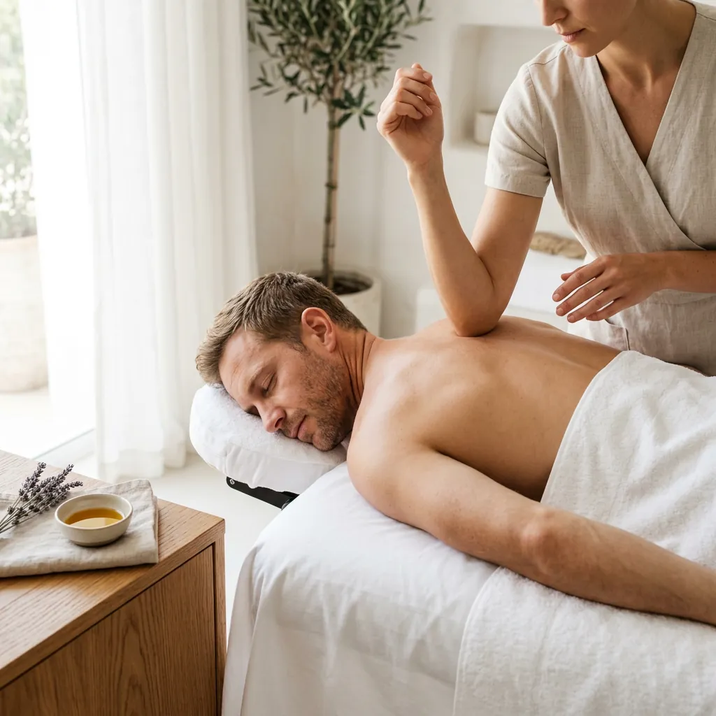 A therapist using a forearm along a client's upper back while the client's face rests turned to one side on the table