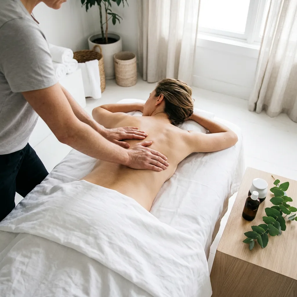 A therapist working across a client's shoulders from the head of the table, with a sprig of eucalyptus on the side table beside a rolled towel