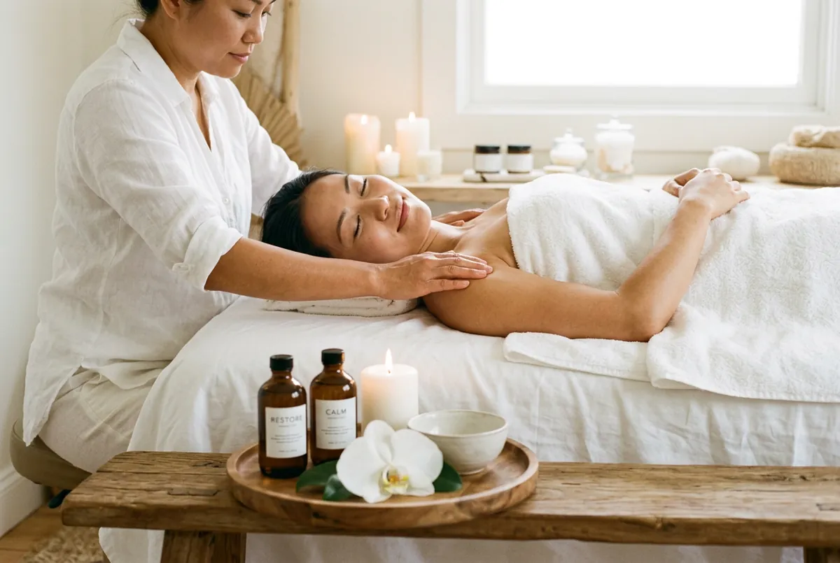 A client lying face up on a massage table under a white draped sheet, with lit candles and small oil bottles set out on a wooden tray beside the table