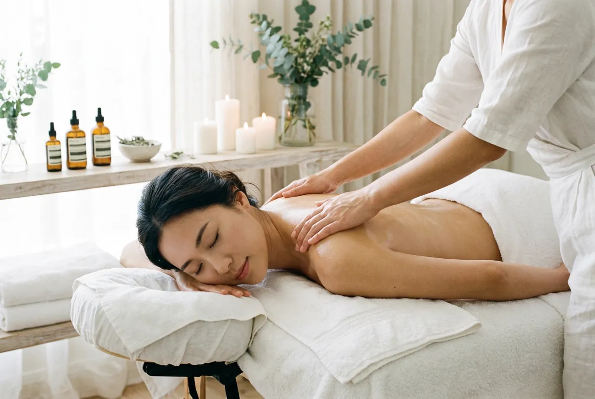 A therapist working along a client's shoulder in a bright treatment room, with oil bottles and lit candles lined up on a ledge behind the table