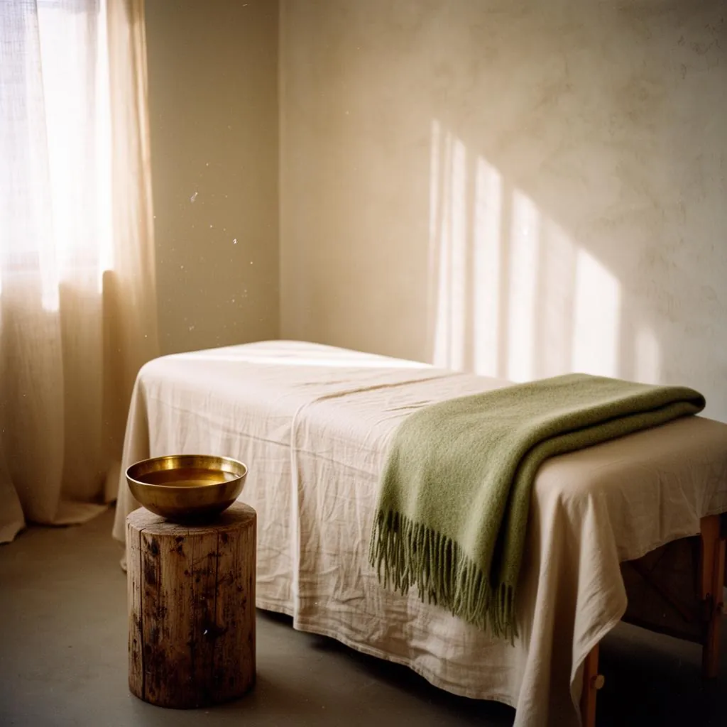 An empty massage table made up with an olive blanket folded across the foot of it and a brass bowl resting on a wooden stump in low light