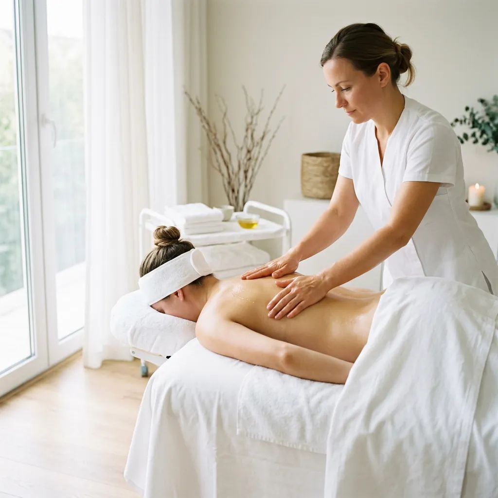 A therapist working a client's back beside a floor-to-ceiling window with a rolling cart of supplies