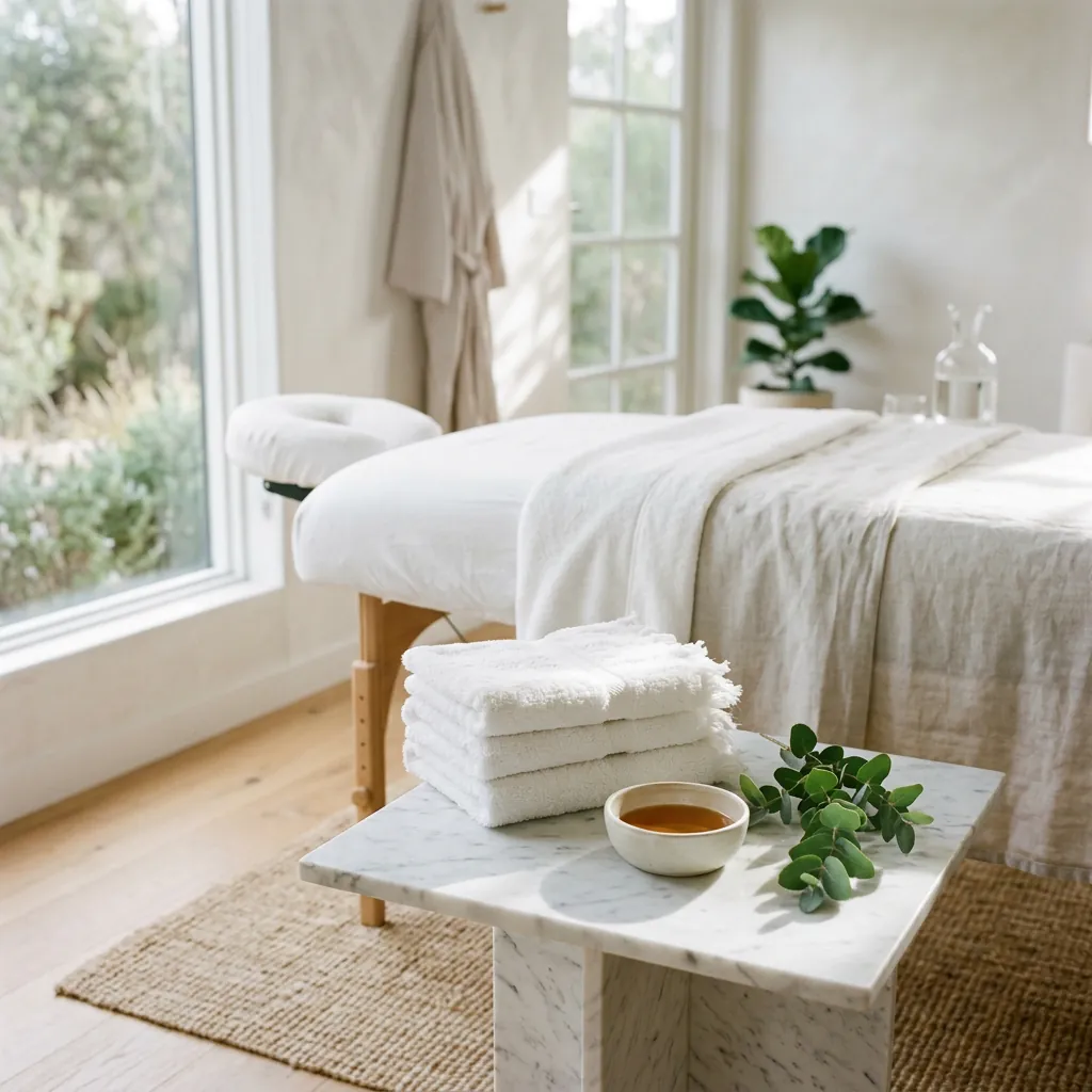 An empty massage table made up with folded towels beside a window, a small bowl of oil resting on a marble stool